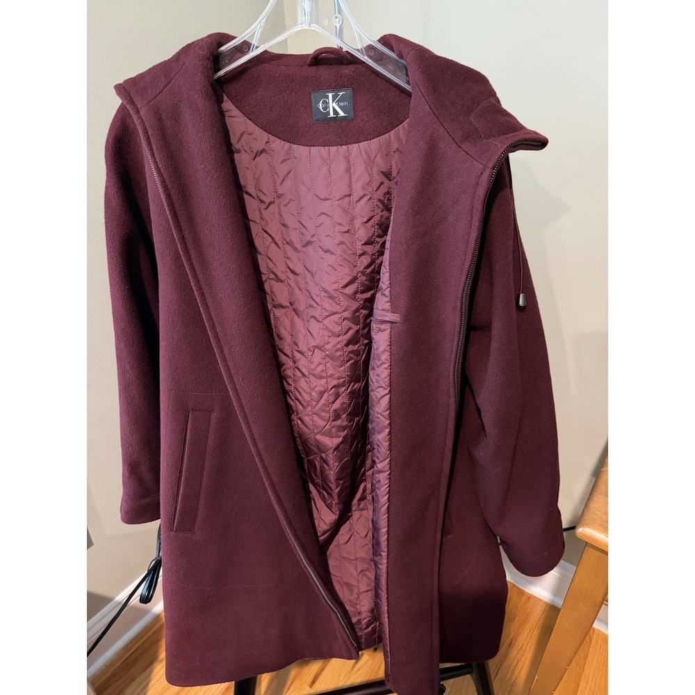 Calvin Klein Burgundy Wool Hooded Coat with Quilted Lining Women's Medium